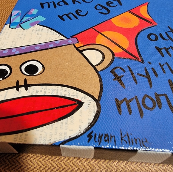 Susan Kline Original Painting With Sock Monkey, Flying Monkey, 6 in x 6 in - Picture 8 of 10